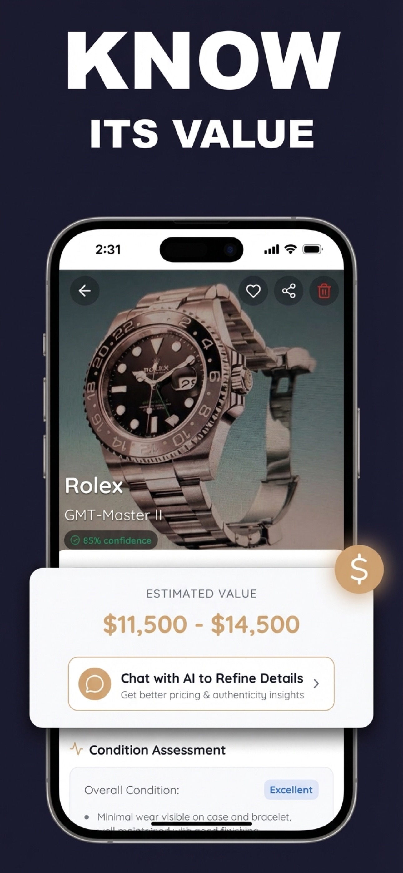 Watch Identifier app showing watch value details