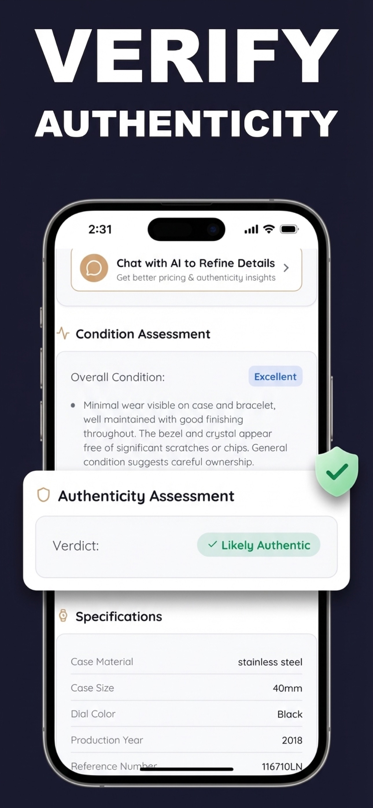 Watch Identifier app showing authenticity analysis