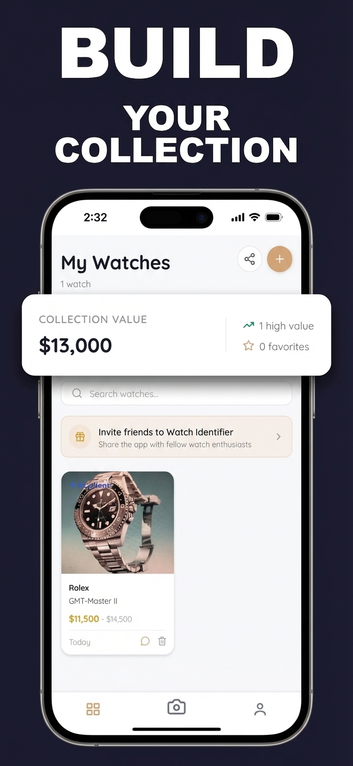 Watch Identifier app showing a saved watch collection and estimated collection value